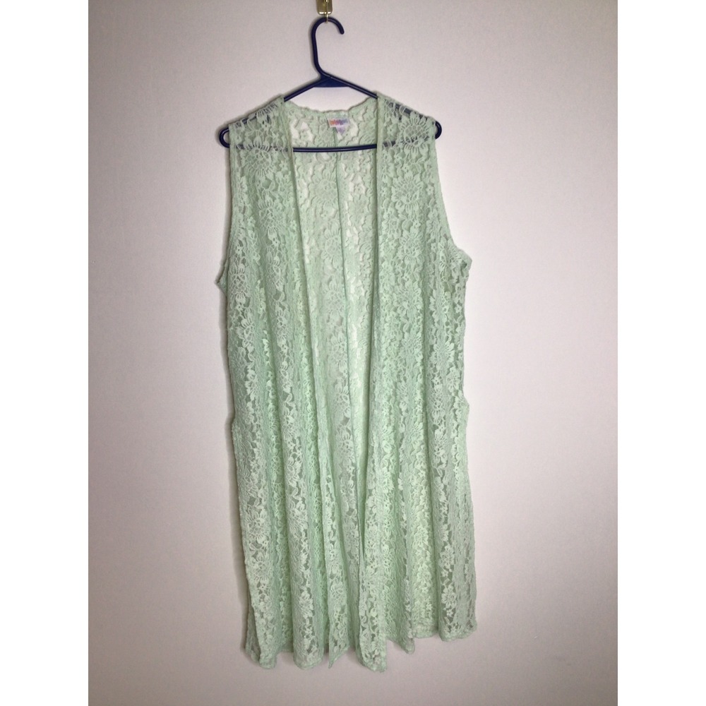 LuLaRoe Joy Lace Vest Womens L Mint Green Excellent Sheer Longline Floral Boho